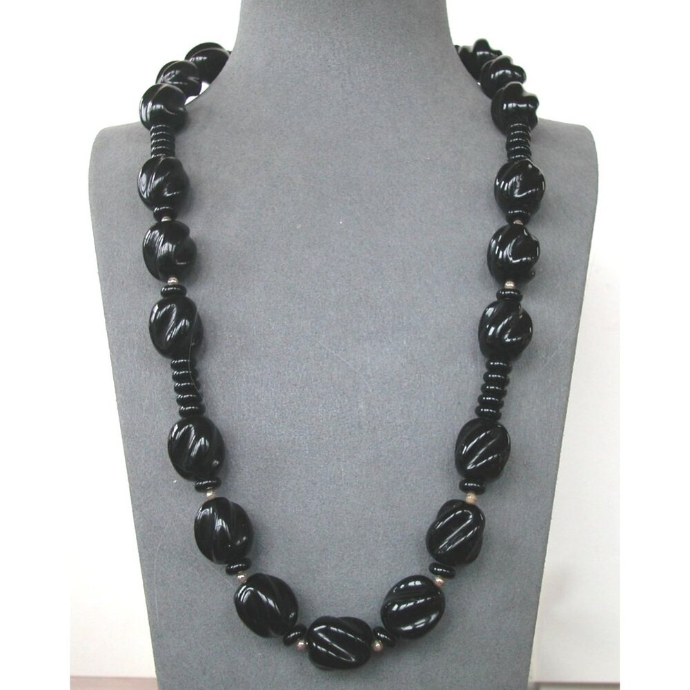 Vintage Black Acrylic Beaded Necklace With Swirl Design & Silver-Tone Accents